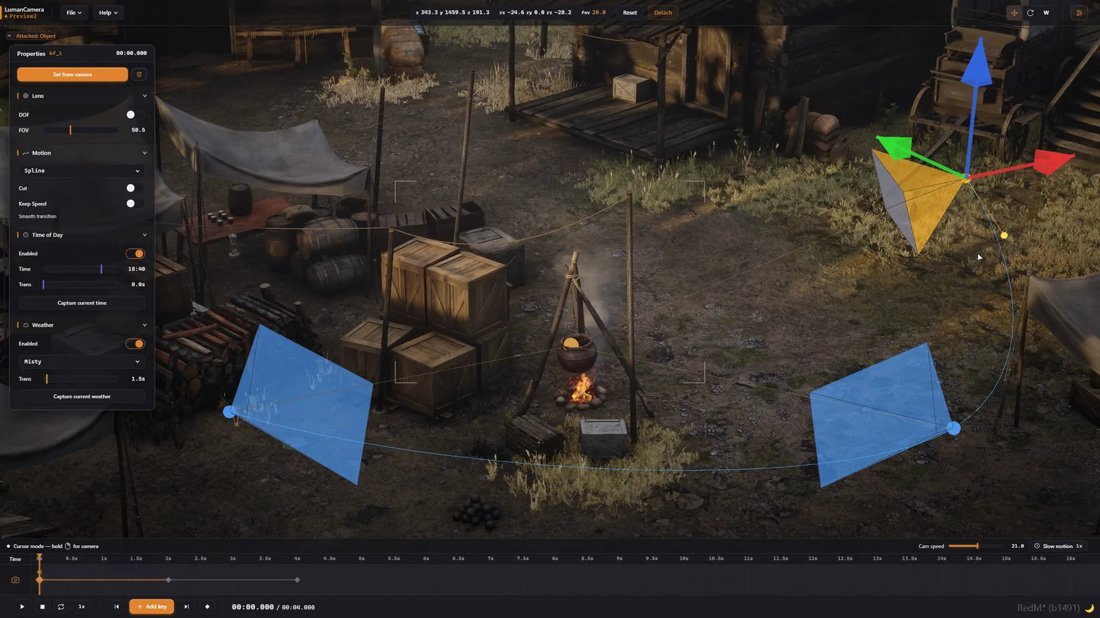 Spline path between camera keyframes shown in-world